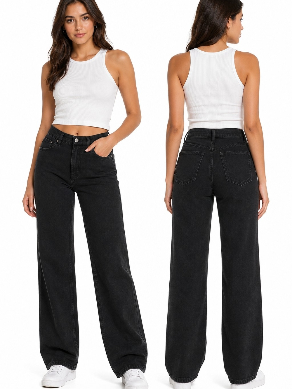 High-Rise Wide Leg Jeans - Black